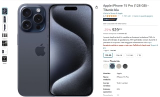 iPhone 15 pro 128 GB voor €929 bij Amazon Italië