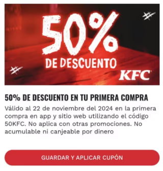 Cupón KFC: 50% de descuento 1era compra en App
