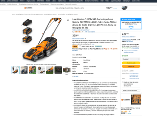 LawnMaster Cortacésped con 2 Baterías 24V MAX 2x4.0Ah 34cm hasta 300m² Altura de Corte 6 Niveles 20-70 mm 32L por 209,99€