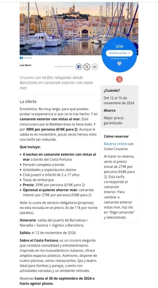 Crucero Mediterráneo por 309€ por persona.