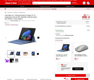Convertible 2 en 1 Microsoft Surface Pro Copilot+ PC 13" Snapdragon X Plus 45 TOPS 16GB RAM 512GB SSD Adreno GPU Windows 11 Home por 1.002,15€