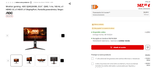 Monitor gaming AOC Q24G2A/BK, 23.8 ", QHD, 1 ms, 165 Hz por 147,93€ (newsletter por 137,93€)
