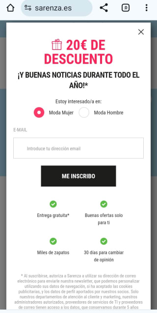 -20€ por suscribirnos a la Newsletter de Sarenza.