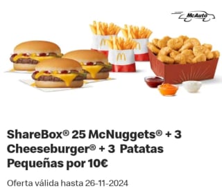 McDonalds Oferta APP 25 Nuggets + 3 Patatas Pequeñas + 3 Hamburguesas (Solo Restaurante / McAuto)