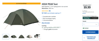 HIGH PEAK tent »Nevada 4«, inclusief voortent voor €59,99 in de Lidl webshop.