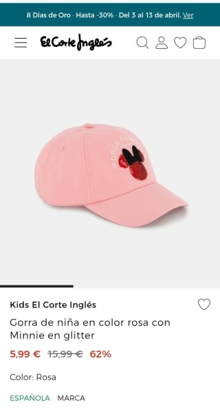 Kids El Corte Inglés Gorra de niña rosa con Minnie por 5,99€.