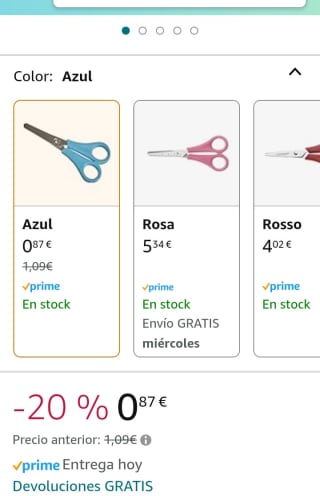 Tijeras escolares color azul por 0,87€.