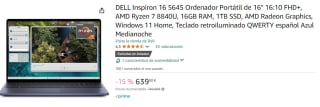 DELL Inspiron 16 5645 Ordenador Portátil de 16" 16:10 FHD+, AMD Ryzen 7 8840U, 16GB RAM, 1TB SSD, AMD Radeon Graphics, Windows 11 Home por 639€