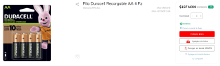 4 Pilas Duracell Recargables AA a $197 en Sanborns