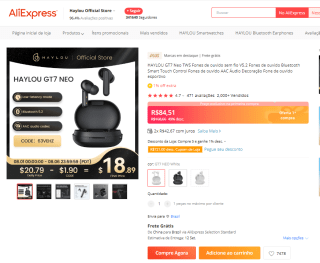 Fone de ouvido da Haylou, modelo GT7 Neo TWS - R$ 84,51
