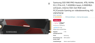 Samsung 990 PRO Heatsink SSD PCIe 4.0 NVMe M.2 - 4TB voor €294,99 bij Amazon