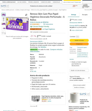 Renova Skin Care Plus Papel Higiénico Decorado Perfumado 6 Rollos por 3,39€