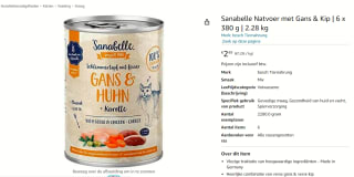 Sanabelle Natvoer voor de kat met Gans & Kip 6 x 380 g voor €2,49 bij Amazon