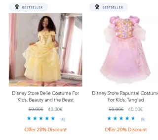 Geselecteerde Disney prinsessen kostuums met 20% korting in de Disneystore