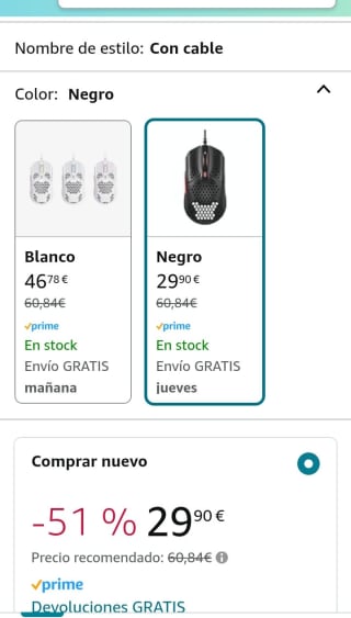 Ratón Gaming HyperX Pulsefire por 29,90€.