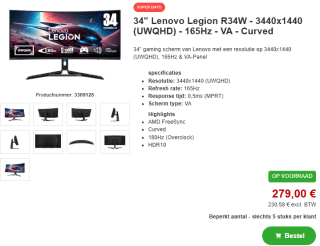 Lenovo Legion R34w-30 curved monitor voor €279 bij Proshop