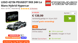 LEGO Technic 42156 PEUGEOT 9X8 24H Le Mans Hybrid Hypercar voor €139,99 bij Brickshop