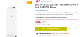 Lavadora Carga Superior - AEG LTN6K7210B, 7 Kg y 1200 RPM por 440€
