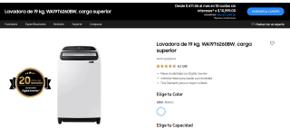 Lavadora de 19Kg WA19T6260BW a $10,999 en Samsung Store