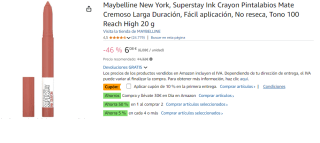 2 Unidades de Maybelline New York, Superstay Ink Crayon Pintalabios Mate Cremoso Larga Duración, Fácil aplicación, No reseca, Tono 100 Reach High 20 g por 6.32€