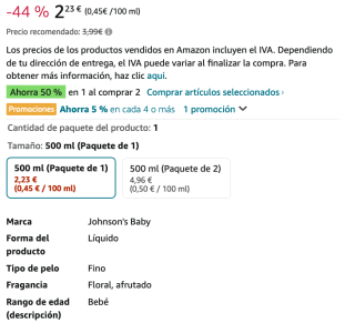 2 Johnson's Baby Champú clásico 500 ml champú infantil hipoalergénico por solo 3,22€