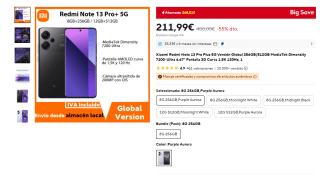 Xiaomi Redmi Note 13 Pro Plus 5G de 8GB/256GB por 211,99€
