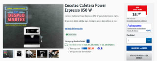 Cafetera Cecotec Power Espresso de 850 W por 34,99€