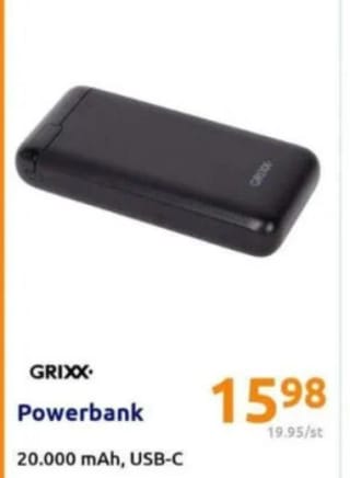 Grixx - Powerbank - 20.000 mAh voor €15,95 bij de Action