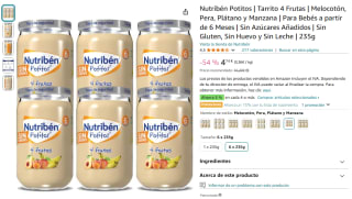 Pack 6 tarritos Nutribén Potitos 4 Frutas Melocotón, Pera, Plátano y Manzana por 4,74€