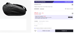 Paletero adidas Carbon Control Black Pádel por 15.35€ (Cuenta Nueva 9.21€)