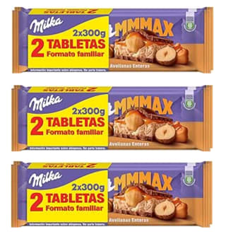 3 Packs de 2 unidades de 300 grs de Milka MMMAX Tableta Grande de Chocolate con Leche de los Alpes con Avellanas Enteras, Relleno Líquido de Caramelo y Crema de Leche Sabor Caramelo por 16.45€