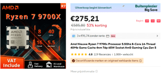AMDAMD Ryzen 7 9700X processor 3,8 GHz 40 MB L2 & L3 voor €275,21 bij Aliexpress