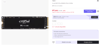 Disco Duro Sólido Interno SSD de 500GB Crucial P5 Plus (PCIe 4.0, 3D NAND, NVMe, M.2) hasta 6600MB/s por 29.32€