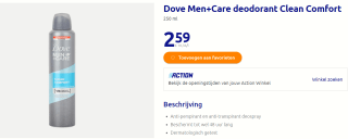 Dove Men+Care Deodorant Clean Comfort - 250 ml voor €2,59 bij de Action