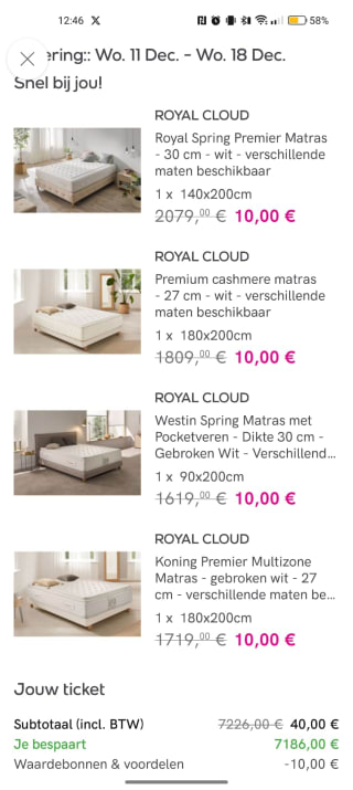 [PRIJSFOUT] Alle Royal Cloud matrassen voor €10 bij Veepee