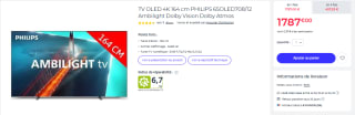 TV OLED 4K 164 cm PHILIPS 65OLED708/12 Ambilight Dolby Vision Dolby Atmos à 1.787€
