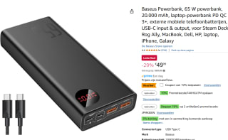 Baseus Powerbank, 65 W powerbank, 20.000 mAh voor €39,99 bij Amazon