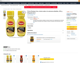 2 Unidades Prima Mostaza Cero sin azúcares añadidos 265g a solo 2€