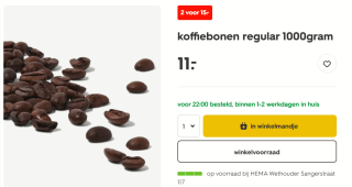 Hema koffiebonen regular 1000gram 2 pakken voor € 15