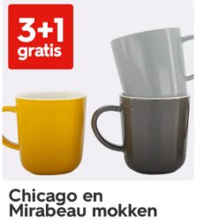 3+1 gratis op chicago en mirabeau mokken bij HEMA