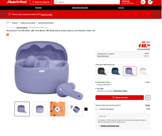 Auriculares True Wireless JBL Tune Beam 48h Autonomía Morados por 69,99€