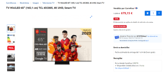 TV Mini LED 65" TCL 65C805, QLED 4K, 144Hz Motion Clarity Pro, Dolby Atmos por 679,15€