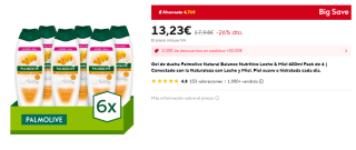 Pack 6 Gel de ducha Palmolive Natural Balance Nutritivo Leche & Miel 600ml por 13,23€