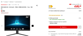 MSI G24C4 E2 - 23.6" FHD - 180Hz voor €81,81 bij de Mediamarkt