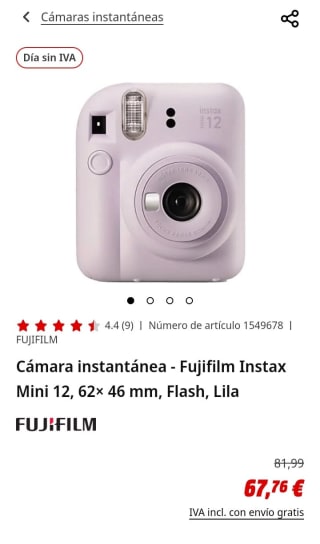 Cámara instantánea - Fujifilm Instax Mini 12, 62× 46 mm, Flash, Lila por 67,76€.