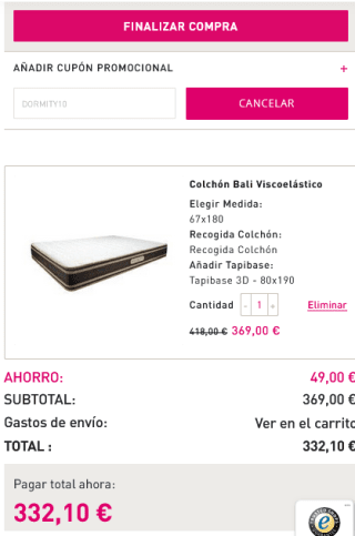 Colchón Bali viscoelástico 67x180cm por solo 332,10€