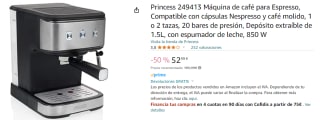 Princess 249413 Máquina de café para Espresso, Compatible con cápsulas Nespresso y café molido, 1 o 2 tazas, 20 bares de presión, Depósito extraíble de 1.5L, con espumador de leche, 850 W por 52.99€
