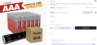 Pack 24 Pilas AAA Alcalinas + Linterna LED regalo por 4,49€