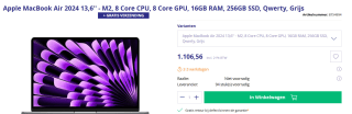 Apple MacBook Air 2022 M2 8-core, 16GB ram, 8-core GPU, 256GB ssd, Qwerty, Grijs voor €1.102,61 bij Azerty