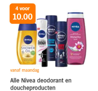 Alle Nivea deodorant en doucheproducten 4 voor €10 bij de AH